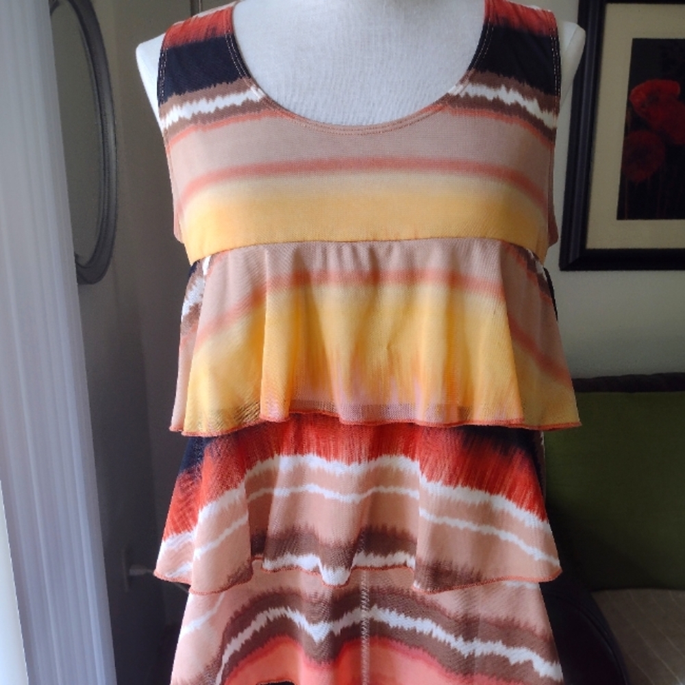Notations scoop neck sleeveless 3tiered ruffle top